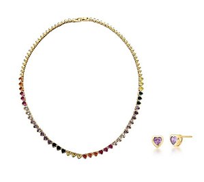 CONJUNTO RIVIERA CORAÇÕES COLORIDOS COM BRINCO BANHADO A OURO