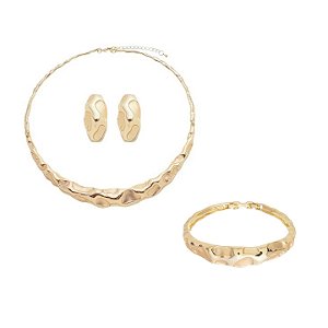 CONJUNTO ARO, BRINCO E BRACELETE ORGÂNICOS COM DETALHES ACETINADOS BANHADO A OURO