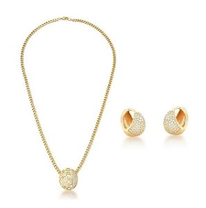 CONJUNTO DE PINGENTE DE OVAL GEOMETRICO E ARGOLA CRAVEJADA BANHADO A OURO
