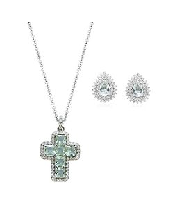 MIX VERDE MENTA COM COLAR CRUCIFIXO E BRINCO GOTA BANHADA A RÓDIO BRANCO
