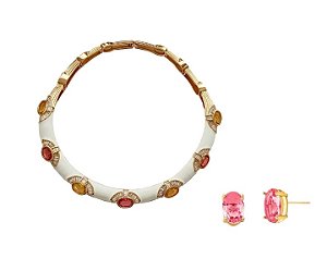 COLAR ARO ESMALTADOS COM ZIRCÔNIAS OVAIS E BRINCO BANHADO A OURO