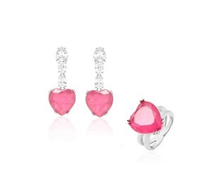 CONJUNTO CORAÇÃO TURMALINA ROSA FUSION BANHADO A RÓDIO BRANCO