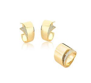 CONJUNTO DE BRINCO COM ANEL COM A LATERAL CRAVEJADA BANHADA A OURO