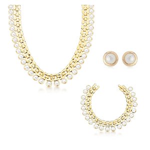 CONJUNTO DE COLAR, BRINCO E PULSEIRA COM FILEIRAS DE PÉROLAS BANHADO A OURO