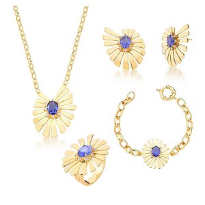 CONJUNTO FOLHAS COM PEDRA OVAL TANZANITA BANHADO A OURO