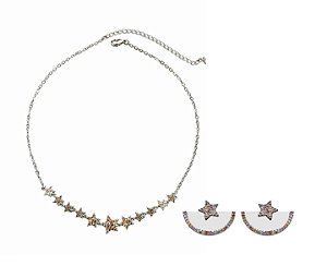 CONJUNTO ESTRELAS COM CRAVAÇÃO COLORIDAS BANHADO A RÓDIO BRANCO