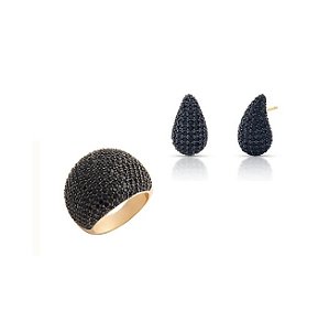 CONJUNTO DE BRINCO GOTA COM ANEL CRAVAÇÃO NEGRA BANHADO A OURO