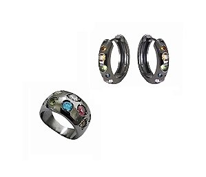 CONJUNTO DE ARGOLA E ANEL CRAVAÇÃO COLORIDA BANHADO A RÓDIO NEGRO