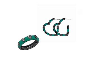 CONJUNTO DE ARGOLA E ANEL ESMALTADO VERDE BANHADO A RÓDIO NEGRO