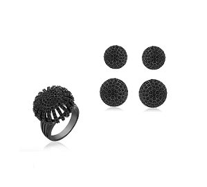 CONJUNTO DE ANEL COM DUO DE BRINCOS BANHADO A RÓDIO NEGRO