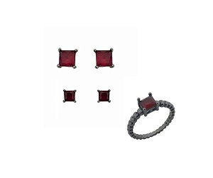 CONJUNTO DE ANEL COM DUO DE BRINCOS QUADRADOS  RUBI BANHADO A RÓDIO NEGRO