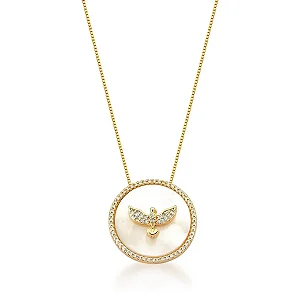 COLAR DIVINO ESPÍRITO SANTO EM MADREPÉROLA E ZIRCÔNIAS BANHADO A OURO