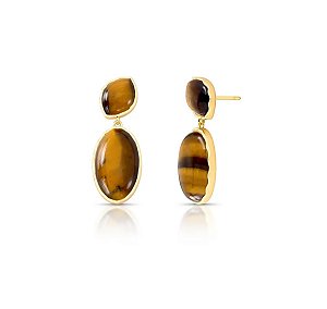 BRINCO EM PÊNDULO OLHO DE TIGRE BANHADO A OURO