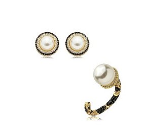CONJUNTO DE BRINCOS E ANEL COM CRAVAÇÃO NEGRA E CRISTAL BANHADO A OURO