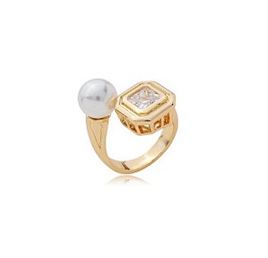 ANEL EM PÉROLA E ZIRCÔNIA RETANGULAR BANHADO A OURO