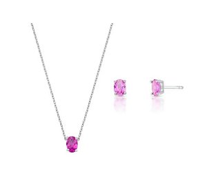 CONJUNTO OVAL SAFIRA ROSA BANHADO A RÓDIO BRANCO