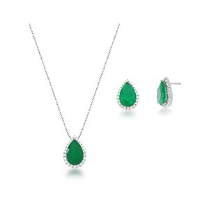 CONJUNTO GOTA ESMERALDA FUSION COM CRAVAÇÃO LATERAL BANHADO A RÓDIO BRANCO