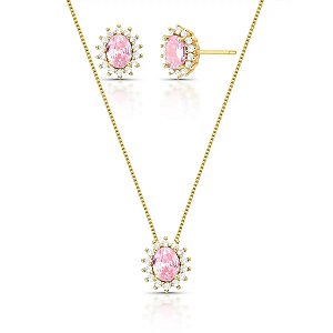 CONJUNTO OVAL PRINCESS KUNZITA BANHADO A OURO