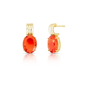 Brinco Três Fileiras Curvas com Cristal Oval Laranja Banhado a Ouro Vidiè