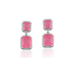 Brinco Retangular Light Pink Fusion Banhado a Ródio Branco Vidiè