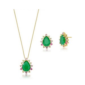 Conjunto Gota Esmeralda Fusion com Cravação Lateral Colorida Banhado a Ouro
