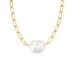 Colar com Pingente de Pérola Retangular Banhado a Ouro