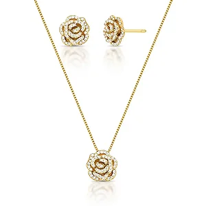 Conjunto Flor Cravejado Banhado a Ouro
