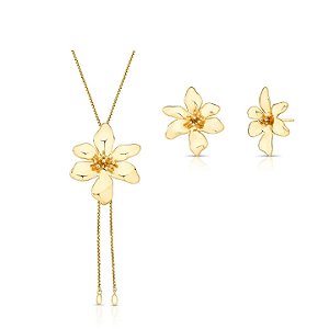 Conjunto Flor Liso Banhado a Ouro