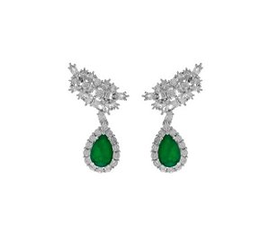 Brinco em Pêndulo Gota em Zircônia Esmeralda Fusion Banhado a Ródio Branco