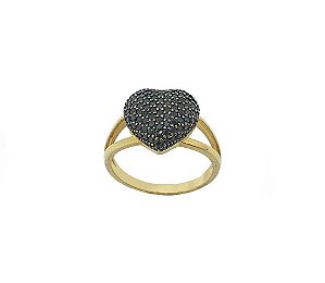 Anel Coração com Cravação Negra Banhado a Ouro