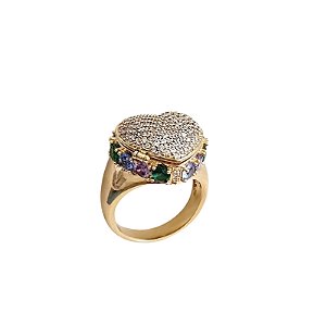 Anel Coração Relicário Cravejado Banhado a Ouro