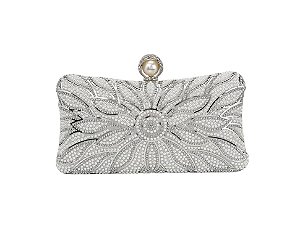 Bolsa Retangular Decorada em Pérolas Prateada