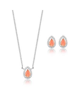 Conjunto Gota Laranja Fusion com Cravação Lateral Banhado a Ródio Branco