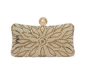Bolsa Retangular Decorada em Pérolas Douradas
