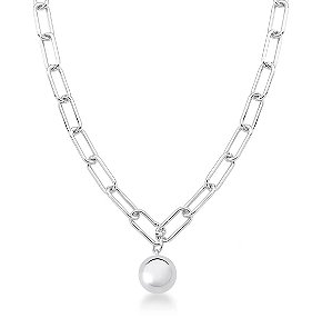 Colar Elos Retangulares Lisos com Pingente Redondo Banhado a Ródio Branco