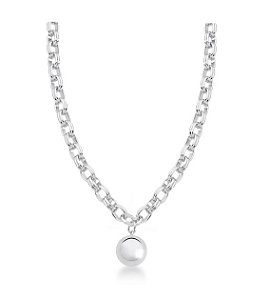 Colar Elos Ovais Lisos com Pingente Redondo Banhado a Ródio Branco