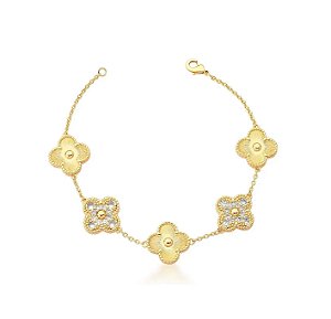 PULSEIRA COM CINCO TREVOS INTERCALADOS CRAVEJADOS BANHADO A OURO