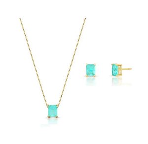 Conjunto Retangular Esmeralda Colombiana Fusion Banhado a Ouro