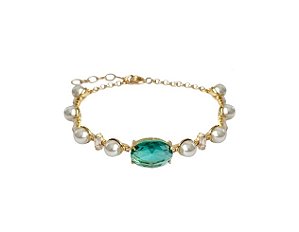 Pulseira de Pérola com Cristal Turmalina Banhado a Ouro