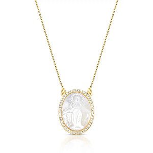 Colar Nossa Senhora das Graças Oval em Madrepérola com Cravação Lateral Banhado a Ouro