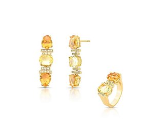 Conjunto de Brinco e Anel em Tons de Amarelo Banhado a Ouro