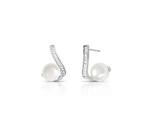 Brinco Curvo Baguetado com Pérola Banhado a Ródio Branco