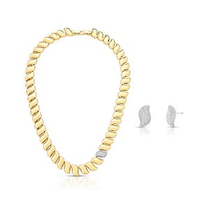 Conjunto Gomos Curvos com Destaque Cravejado Banhado a Ouro