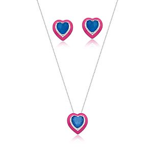 Conjunto Coração com Esmaltação Rosa e Zircônia Azul Fusion Banhado a Ródio Branco