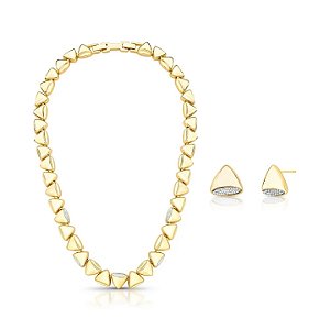 Conjunto Gomos Triangulares com Cravação Lateral Banhado a Ouro