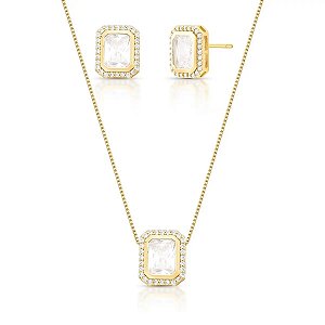 Conjunto Retangular Cravejado Banhado a Ouro