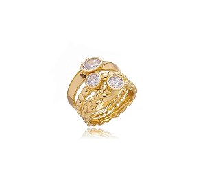 Trio de Aneis com Cravação Cristal Banhado a Ouro