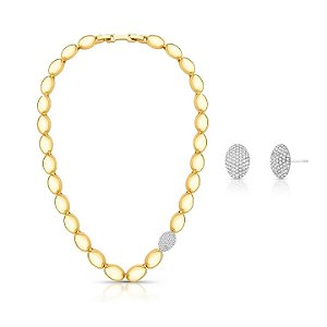Conjunto Gomos Ovais com Destaque Cravejado Banhado a Ouro