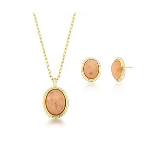 Conjunto Oval em Cristal Rutilado Bege Banhado a Ouro