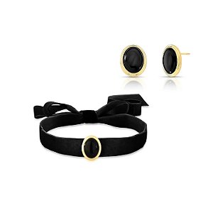 Conjunto Oval em Cristal Preto Banhado a Ouro